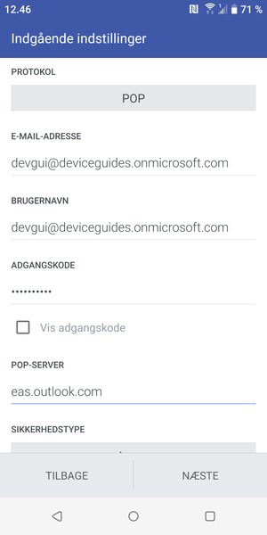 Indtast Brugernavn og Exchange serveradresse. Vælg NÆSTE
