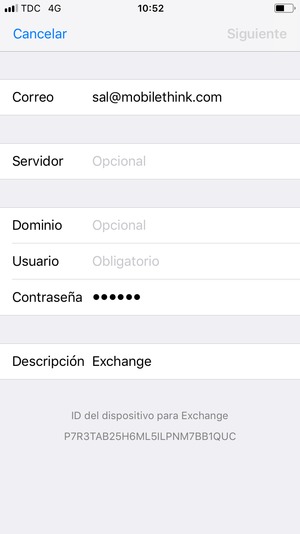 Introduzca su Información de correo electrónico Exchange y seleccione Siguiente