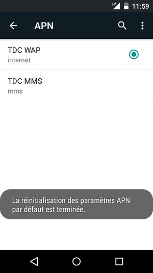 Votre téléphone va être réinitialisé avec les paramètres Internet et MMS par défaut