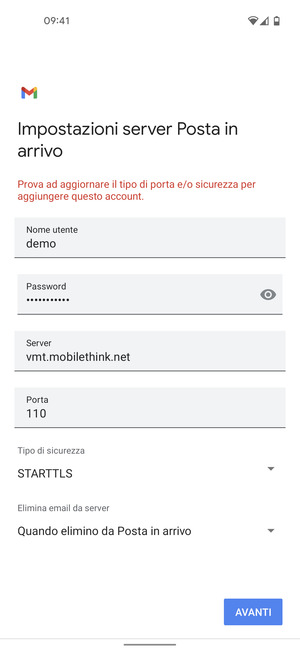 Seleziona Tipo di sicurezza