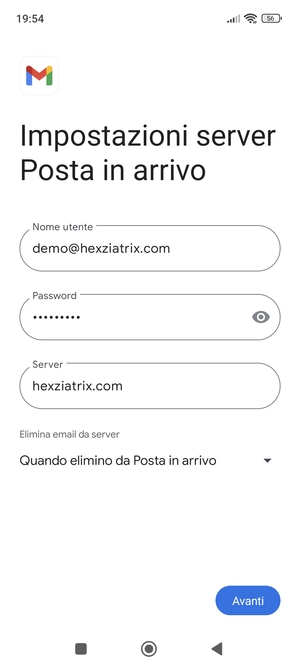 Inserisci Nome utente e l'indirizzo del server di posta in arrivo. Seleziona Avanti