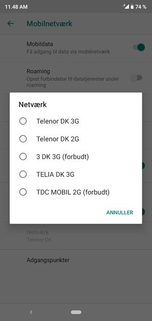 Vælg en netværksudbyder fra listen