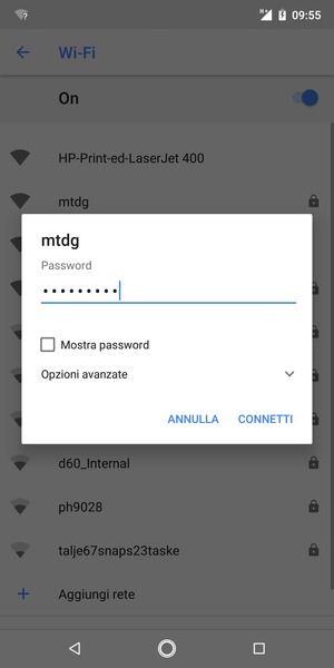 Inserisci la password del Wi-Fi e seleziona CONNETTI