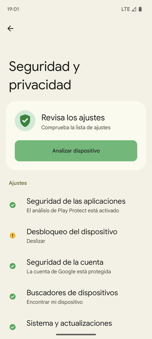 Para activar su bloqueo de pantalla, vaya al menú Seguridad y privacidad y seleccione Desbloqueo del dispositivo