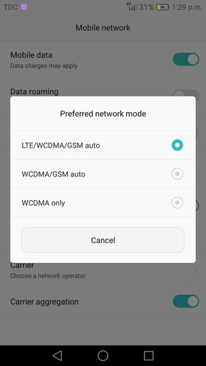 Select WCDMA/GSM auto to enable 3G and LTE/WCDMA/GSM auto to enable 4G