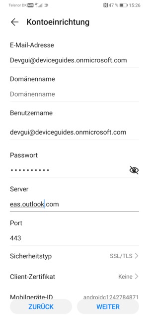 Geben Sie die Exchange-Server-Adresse ein und wählen Sie WEITER