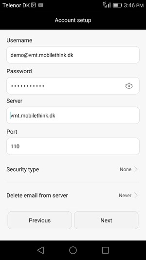 Enter Username and Incoming server address. Select Next