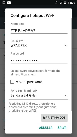 Inserisci una password dell'hotspot Wi-Fi di almeno 8 caratteri e seleziona SALVA