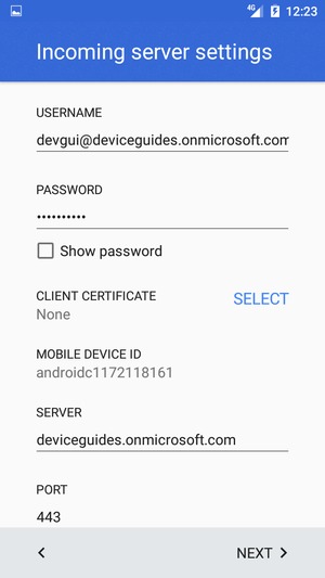 Enter Username and Exchange server address. Select NEXT