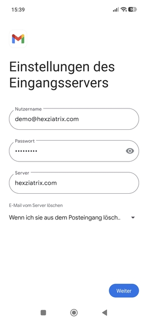 Geben Sie Benztzername und die Server-Adresse für eingehende Post ein. Wählen Sie Weiter