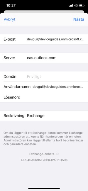 Ange din Exchange-e-postinformation och välj Nästa