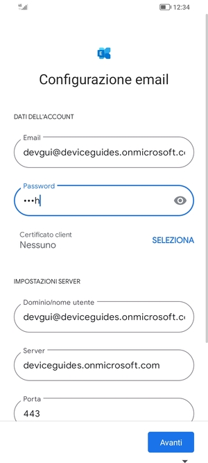 Inserisci Nome utente e l'indirizzo del server Exchange. Seleziona Avanti