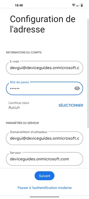 Saisissez votre Nom d'utilisateur et l'adresse du serveur Exchange. Sélectionnez Suivant
