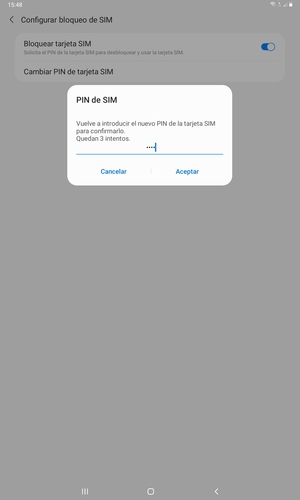 Confirme su nuevo PIN de la tarjeta SIM y seleccione Aceptar