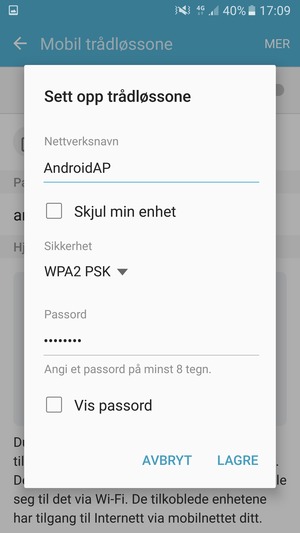 Skriv inn et passord på minst 8 tegn og velg LAGRE