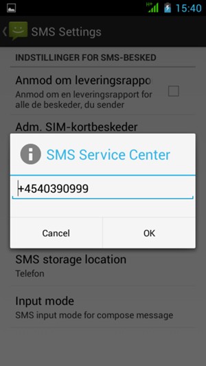 Indtast SMS Service Center nummeret og vælg OK