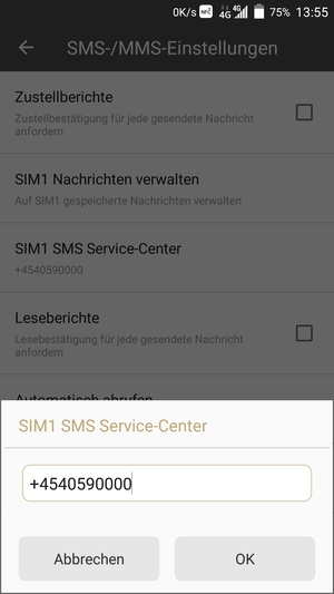 Geben Sie die SIM SMS Service-Center Nummer ein und wählen Sie OK