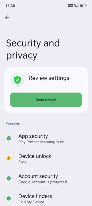 To activate your screen lock, go to the Security and privacy menu and select Device unlock