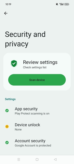 To activate your screen lock, go to the Security and privacy menu and select Device unlock
