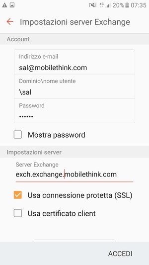 Inserisci Nome utente e l'indirizzo del server Exchange. Seleziona SUCCESSIVO