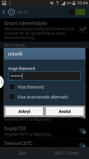 Ange lösenord till Wi-Fi och välj Anslut