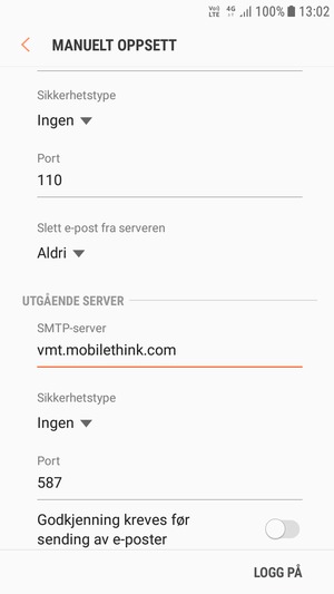 Slå av Godkjenning kreves før sending av e-poster og velg LOGG PÅ
