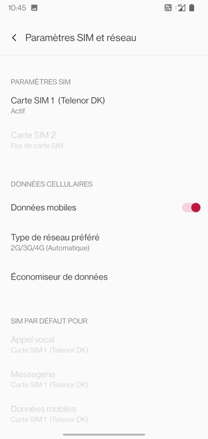 Sélectionnez SIM 1 ou SIM 2