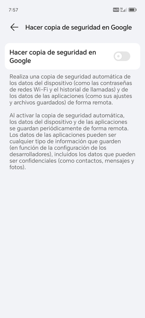 Active Hacer copia de seguridad en Google