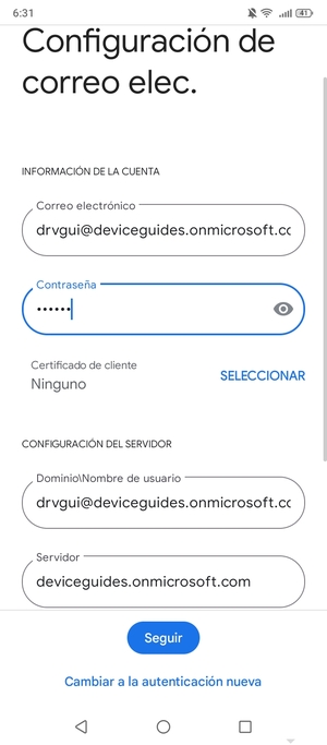 Introduzca Nombre de usuario y la dirección de servidor Exchange. Seleccione Seguir