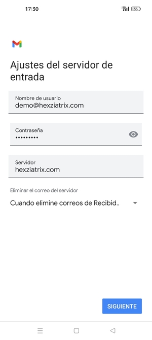 Introduzca Nombre de usuario y la dirección de servidor entrante. Seleccione SIGUIENTE