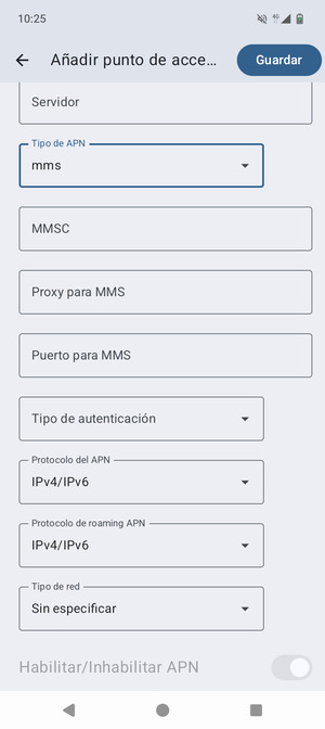 Desplácese hacia abajo e introduzca la información MMS