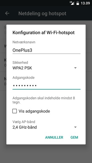Indtast en Wi-Fi-hotspot adgangskode på minimum 8 tegn og vælg GEM