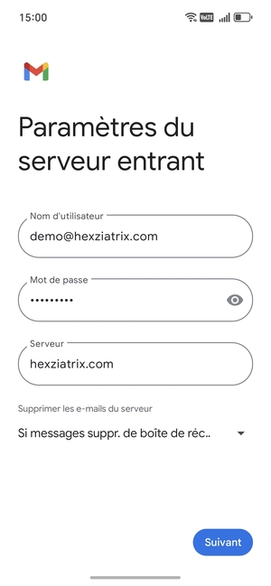 Saisissez votre Nom d'utilisateur et l'adresse du serveur entrant. Sélectionnez Suivant