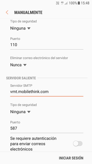 Desactive Se requiere autenticación para enviar correos electrónicos y seleccione INICIAR SESIÓN