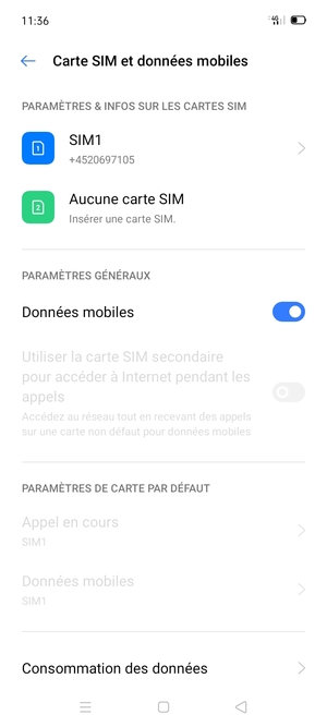 Sélectionnez SIM1 ou SIM2