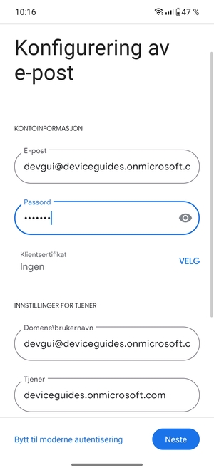 Skriv inn Brukernavn og Exchange serveradresse. Velg Neste
