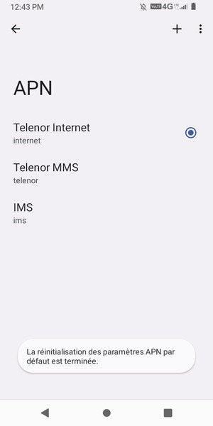 Votre téléphone va être réinitialisé avec les paramètres Internet et MMS par défaut