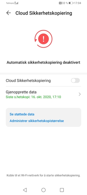 Slå på  Cloud Sikkerhetskopiering