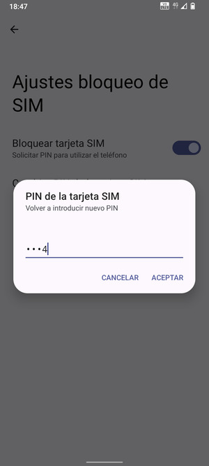 Confirme su nuevo PIN de tarjeta SIM y seleccione ACEPTAR