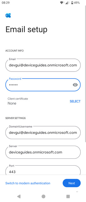 Enter Username and Exchange server address. Select Next