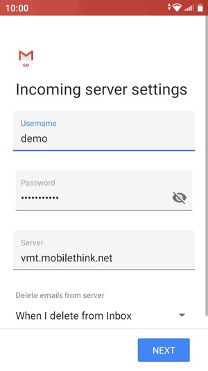 Enter Username and Incoming server address. Select NEXT