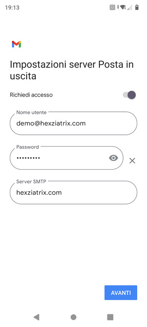Inserisci l'indirizzo del server di posta in uscita e seleziona AVANTI