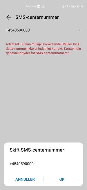 Indtast SMS-centernummer og vælg OK