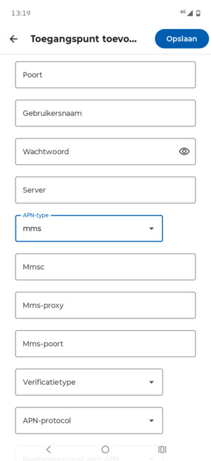 Scroll naar beneden en voer mms-gegevens in