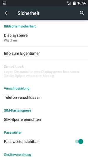 Um Ihre Bildschirmsperre zu aktivieren, gehen Sie zum Sicherheit Menü und wählen Sie  Displaysperre