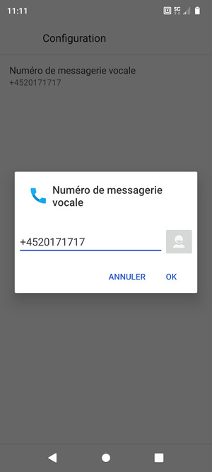 Saisissez le Numéro de messagerie vocale et sélectionnez OK