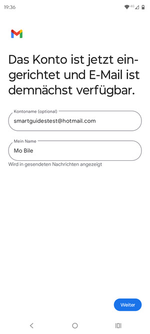 Geben Sie Ihrem Konto einen Namen und geben Sie Ihren Namen ein. Wählen Sie Weiter