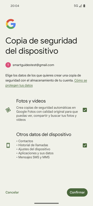 Seleccione la opciones deseada y seleccione Confirmar