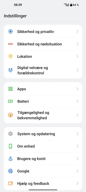 Scroll til og vælg Sikkerhed og privatliv