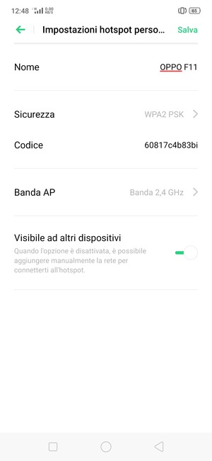 Inserisci una password dell'hotspot Wi-Fi di almeno 8 caratteri e seleziona Salva